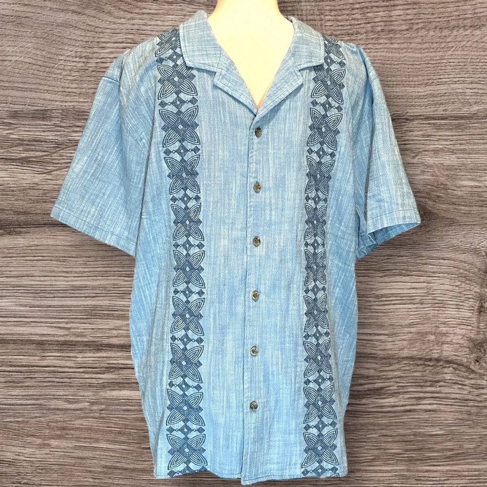 Magaschoni Men’s Button-Up Shirt Large 
Blue Embroidered Cotton Stretch NWT